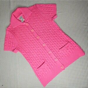 L.L. Bean Vintage Bold Pink Cable Knit Button Front Short Sleeve Cotton Sweater